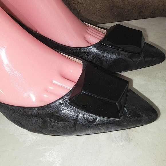 CAROLINNA ESPINOSA CELINE 8.5 Black Embossed Leather Slip On Swirl Classy Heels - Picture 4 of 16